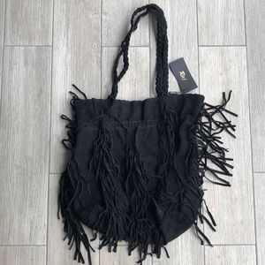 Black genuine leather fringe bag